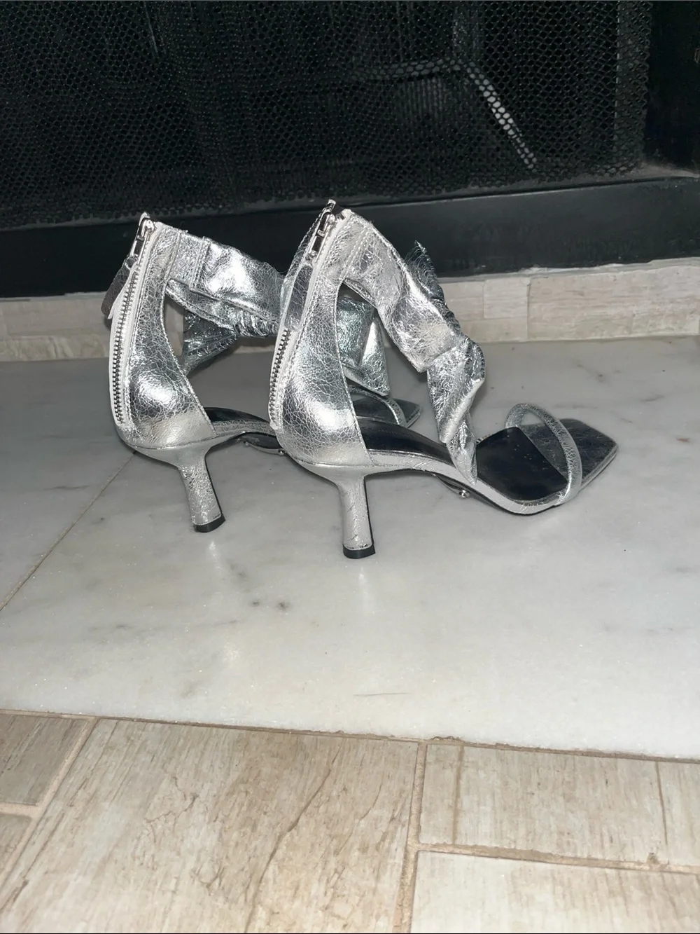 Rebecca Minkoff Silver Bow Ankle-Strap Heels